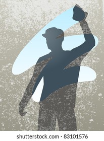 Editable vector silhouette of a man cleaning a window