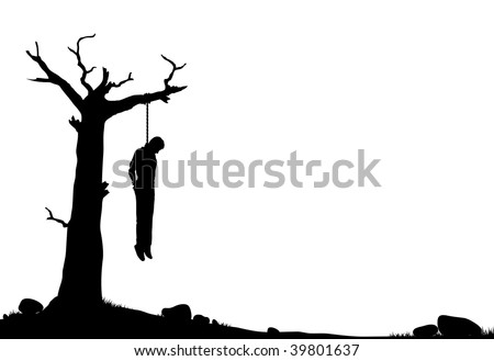 Editable vector silhouette of a man hanged from a dead tree Stock foto © 