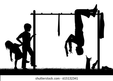 Editable vector silhouette of a man hanging upside down on a childrens climbing frame to get a new perspective on his work with figures as separate objects