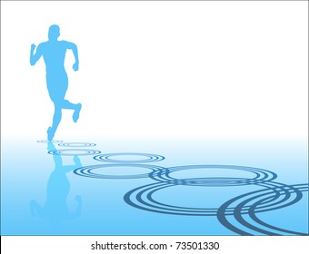 Editable vector silhouette of a man running away with reflection and ripples