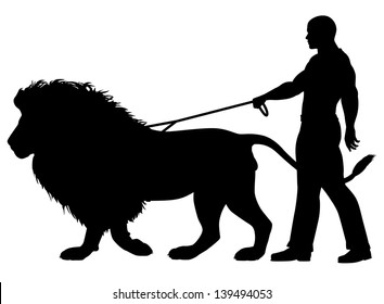 Editable vector silhouette of a man walking a lion on a leash