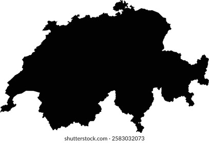 Editable vector silhouette map of Switzerland, displaying the country's distinct irregular borders characteristic of its mountainous terrain.