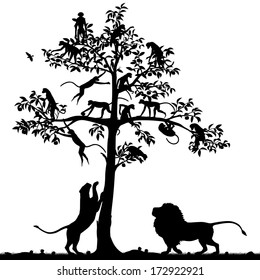Silueta vectorial editable de monos en un árbol y un par de leones debajo con todas las figuras como objetos separados