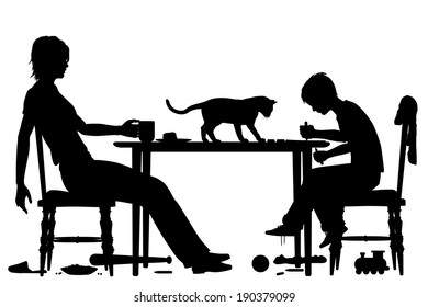 Editable vector silhouette of a mother taking a break from housework and childcare with all elements as separate objects
