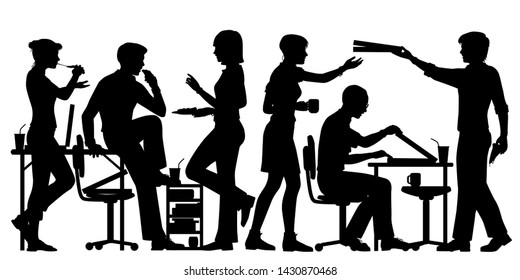 Editable vector silhouette of office workers enjoying pizza for lunch with all figures as separate objects