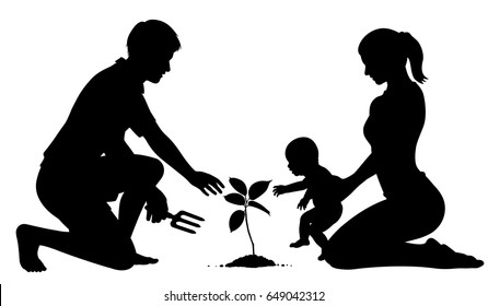 Editable vector silhouette of parents with a baby planting a tree for the future with figures as separate objects 