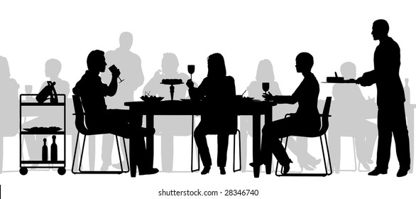 Editable vector silhouette of people eating in a restaurant with all figures as separate objects