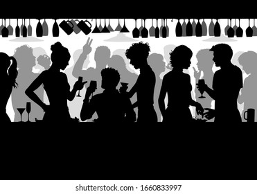 Editable Vector Silhouette Of People Enjoying Themselves In A Crowded Bar With All Elements As Separate Objects