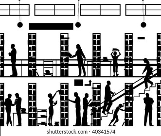 Editable vector silhouette of people in a library with all elements as separate objects