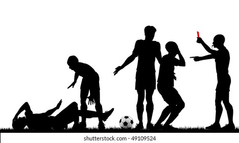 Editable vector silhouette of a referee sending off a footballer with all elements as separate objects