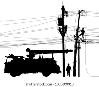 Editable vector silhouette of repairmen performing mainenance on electricity poles and cables with truck as a separate object 