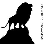 Editable vector silhouette of a roaring male lion standing on a rocky outcrop with lion as a separate object