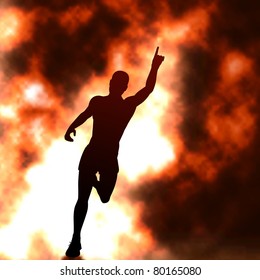 Editable vector silhouette of a running man with raised arm and fiery smoke behind with background made using a gradient mesh