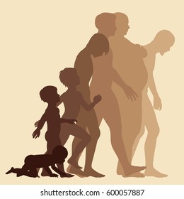 Editable vector silhouette sequence of the life stages of a man with figures as separate objects 