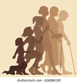 Editable vector silhouette sequence of the life stages of a woman with figures as separate objects 