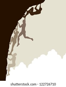 Editable vector silhouette sequence of a man free climbing without using safety ropes