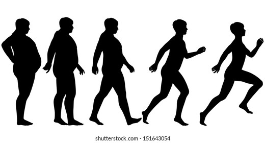 Editable vector silhouette sequence of a man losing weight and gaining fitness through exercise