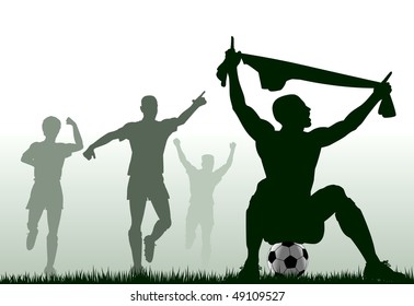 Editable vector silhouette of a soccer player celebrating a goal plus team-mates