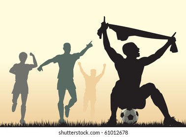 Editable vector silhouette of a soccer player celebrating a goal plus team-mates