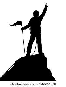 Editable vector silhouette of a successful climber on a mountain summit