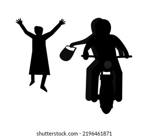 Editable vector silhouette of two men on a motorcycle stealing a handbag from a woman with figures, handbag and bike as separate objects