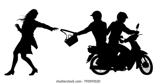 Editable vector silhouette of two men on a motorcycle stealing a handbag from a woman with figures, handbag and bike as separate objects 