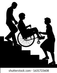 Editable vector silhouette of two people transporting a patient upstairs in a wheelchair with all figures as separate objects