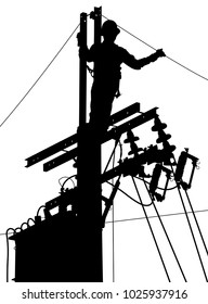 Editable Vector Silhouette Of A Utility Worker At The Top Of An Electricity Pole 