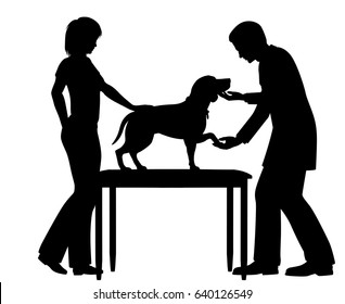 Silueta vectorial editable de un veterinario que examina un perro de mascota con figuras como objetos separados 
