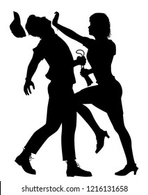 Editable vector silhouette of a woman defending herself from a man trying to snatch her bag 