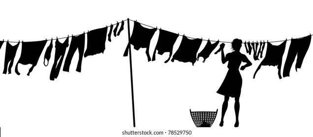 Editable Vector Silhouette Of A Woman Hanging Clothes On A Washing Line