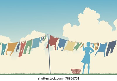 Editable Vector Silhouette Of A Woman Hanging Clothes On A Washing Line