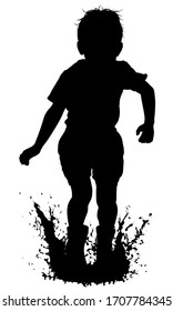 Editable vector silhouette of a young boy jumping in a puddle with boy and water as separate objects 