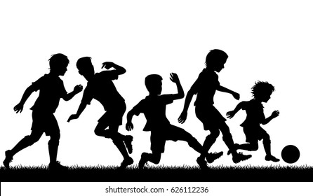 Editable vector silhouette of a young boy beating older boys at football with figures as separate objects 