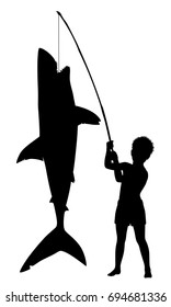 Editable vector silhouette of a young boy over achieving by catching a large shark with a small rod 