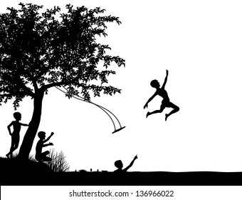 Editable vector silhouette of young boys leaping off a tree swing into a lake or river