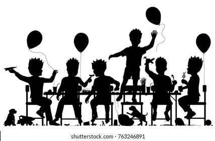 Editable vector silhouette of young boys having a lively party with all elements as separate objects 