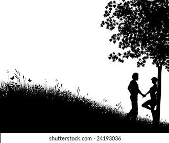 Editable vector silhouette of a young couple in a field with people, tree and grass as separate elements