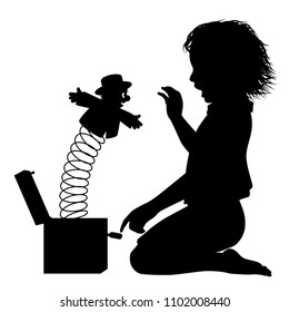 Editable vector silhouette of a young girl surprised by a jack-in-the-box toy 