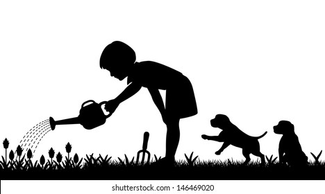 Editable vector silhouette of a young girl watering her garden and two puppies with figures as separate objects