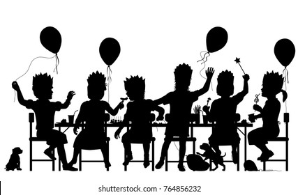 Editable vector silhouette of young girls having a house party with all elements as separate objects 