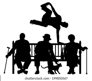 Editable vector silhouette of a young man vaulting over three elderly people on a park bench with all elements as separate objects