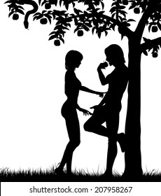 Editable vector silhouettes of Adam and Eve and an apple tree with all figures as separate objects