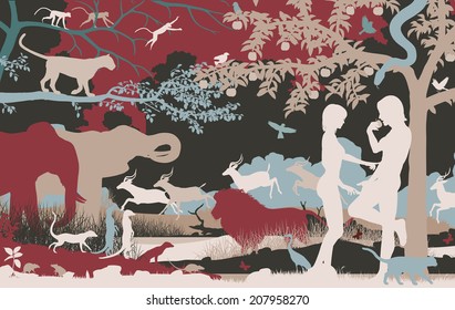 Editable vector silhouettes of Adam and Eve in the Garden of Eden with all figures as separate objects