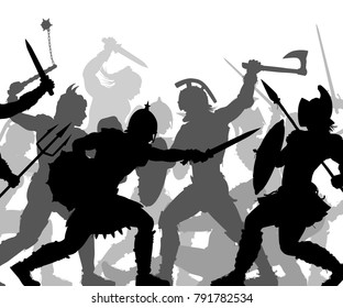 Siluetas vectoriales editables de antiguos soldados combatientes en batalla con figuras y armas como objetos separados 