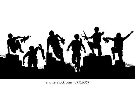 Editable Vector Silhouettes Of Armed Soldiers Charging Forward With Each Man As A Separate Object