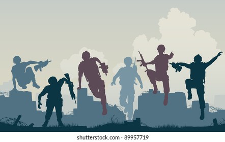 Editable Vector Silhouettes Of Armed Soldiers Charging Forward