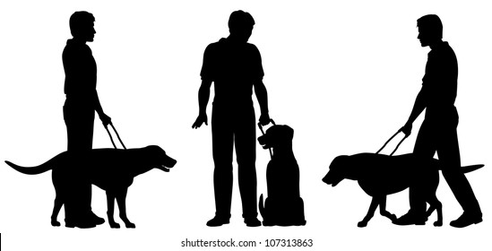 Editable vector silhouettes of a blind man and his guide dog with each man and dog as a separate object