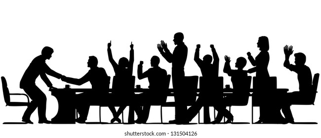 Editable vector silhouettes of business people celebrating at a meeting with all elements as separate objects