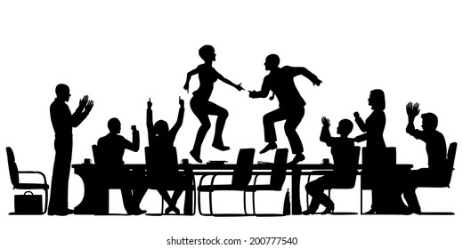 Editable vector silhouettes of business people celebrating at a meeting by dancing on the table with all elements as separate objects